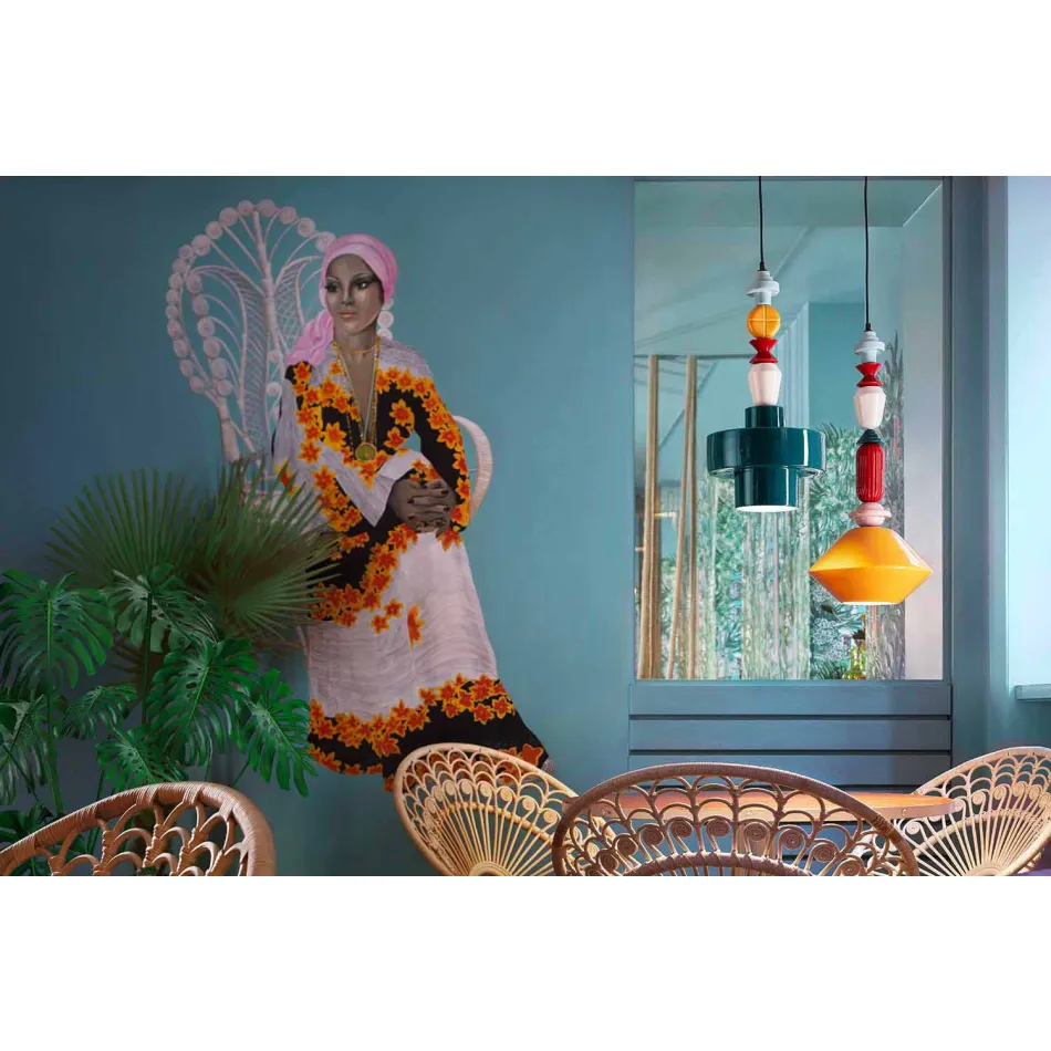 Vintage Green or Yellow Ceramic Chandelier Made in Italy - Ferroluce Lariat Viadurini