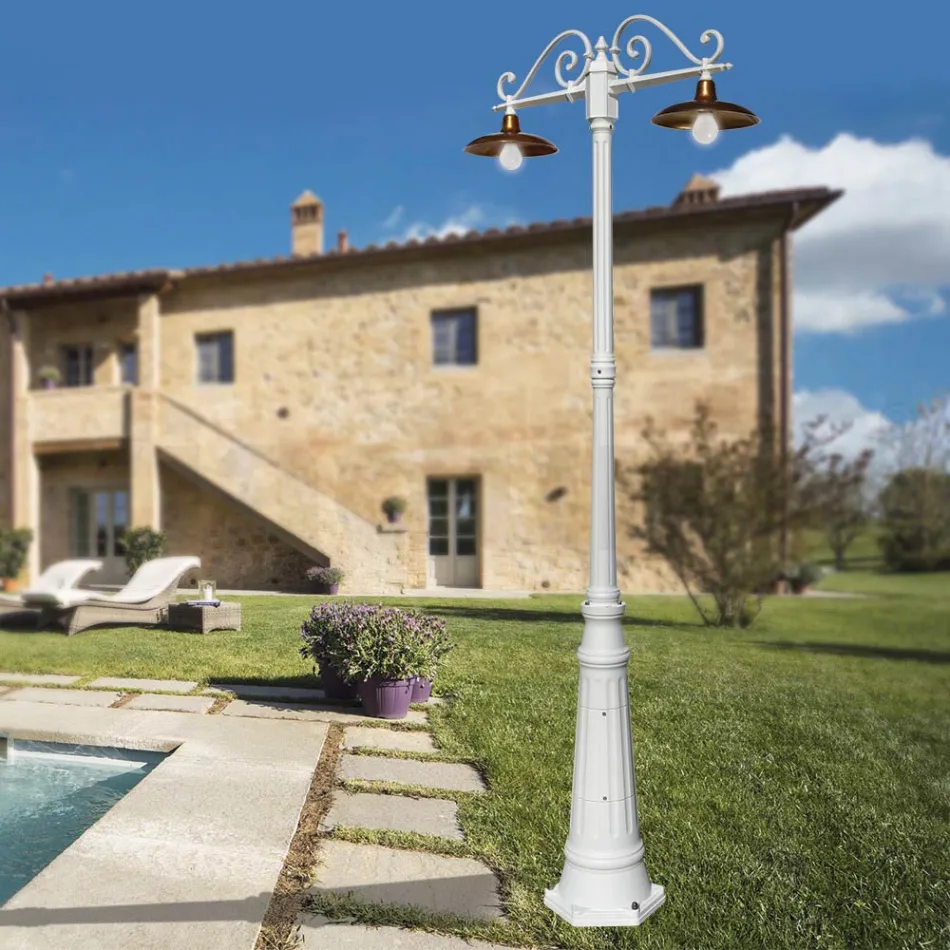 Lamp Post 2 Lights Vintage Style in Aluminum and Brass Made in Italy - Adela Viadurini