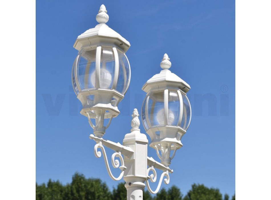 Lamppost with 2 Lights Vintage Style in White Aluminum Made in Italy - Dodo Viadurini