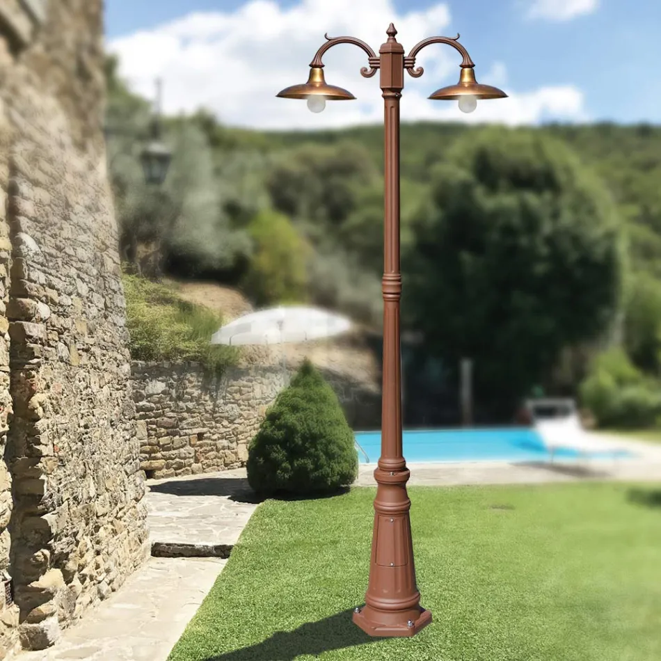 Vintage Style Street Lamp 2 Lights in Aluminum and Brass Made in Italy - Adela Viadurini