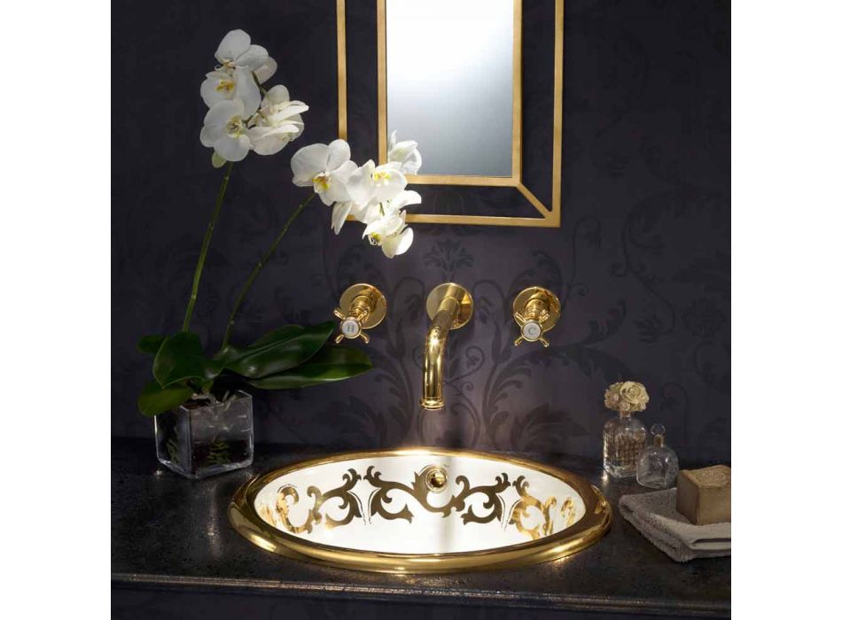 Built-in washbasin decorated in fire clay and gold made in Italy, Otis Viadurini