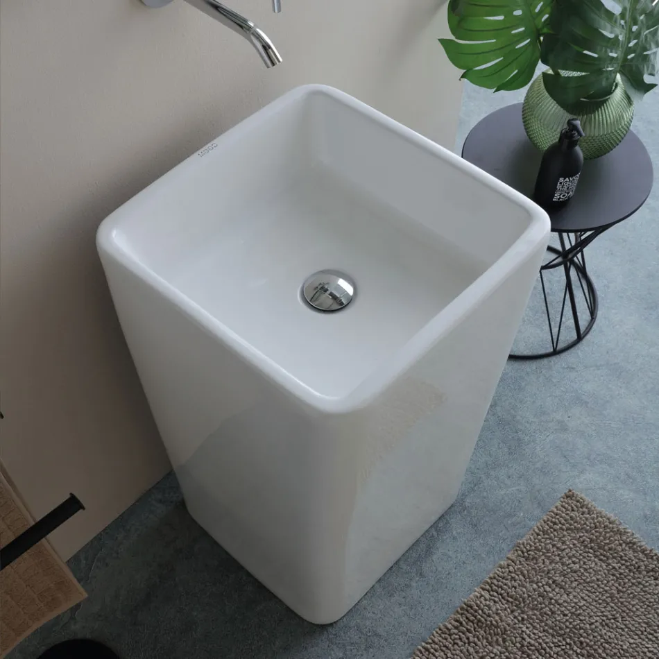 Freestanding Square Ceramic Washbasin with a Modern Design - Papavero Viadurini