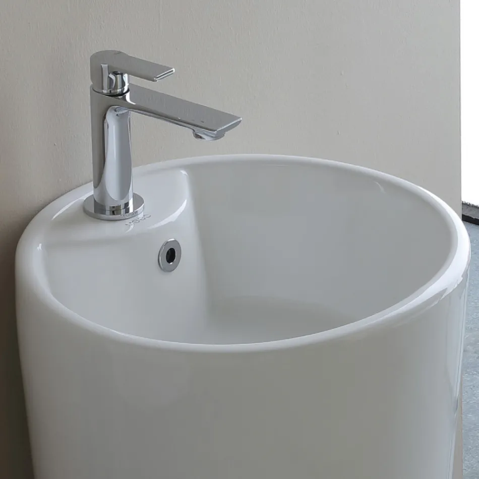 Freestanding Round White Ceramic Modern Washbasin - Papavero Viadurini