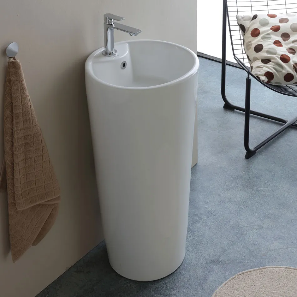 Freestanding Round White Ceramic Modern Washbasin - Papavero Viadurini