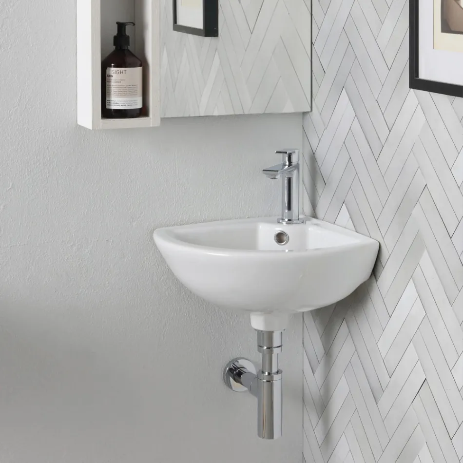 Corner Sink in White Ceramic with a Modern and Elegant Design - Silica Viadurini