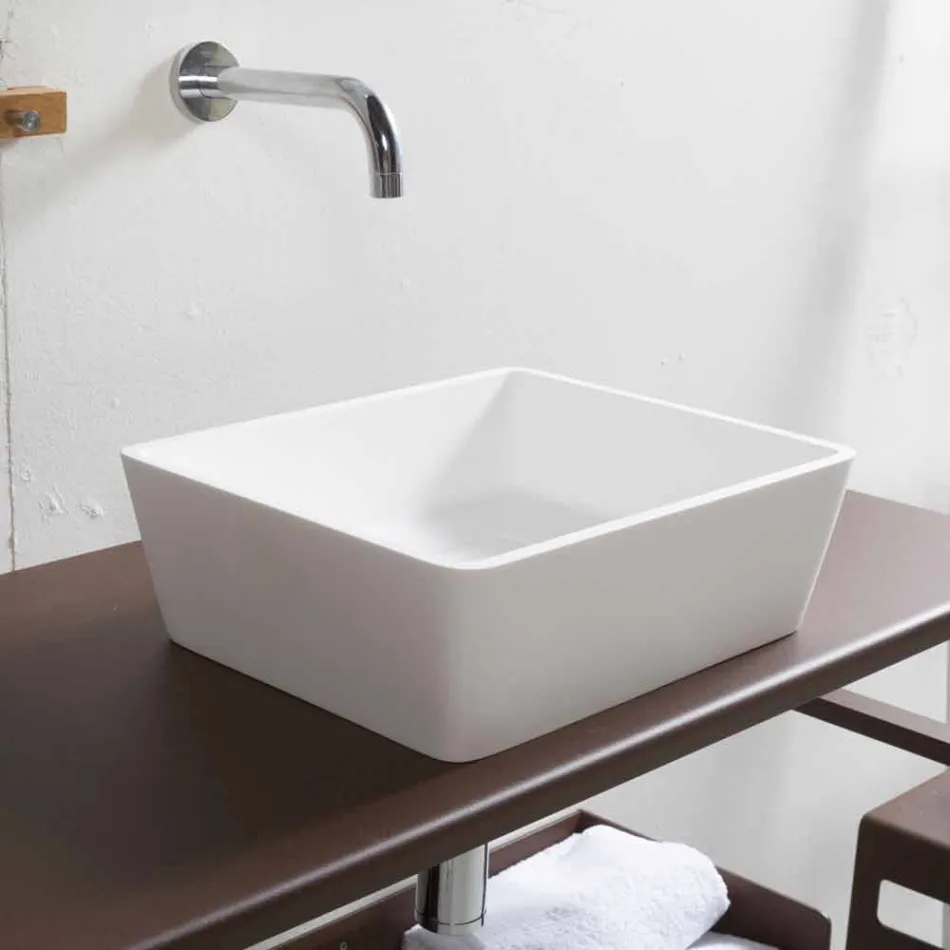 White Solid Surface Countertop Bathroom Washbasin with Concealed Drain - Sider Viadurini