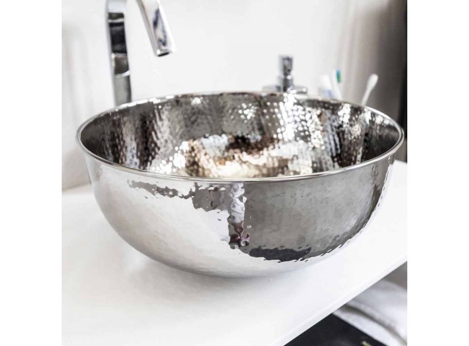 Round Countertop Washbasin in Hammered Chrome Brass - Diamond Viadurini