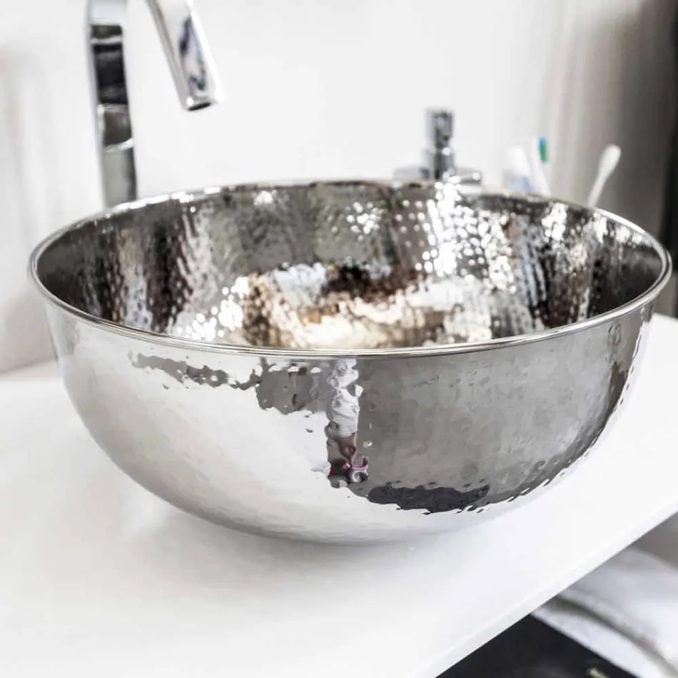 Round Countertop Washbasin in Hammered Chrome Brass - Diamond Viadurini