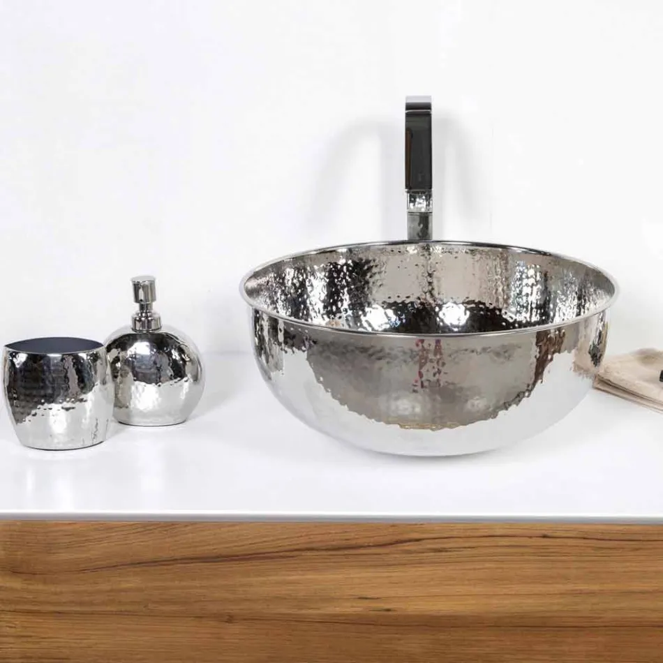 Round Countertop Washbasin in Hammered Chrome Brass - Diamond Viadurini