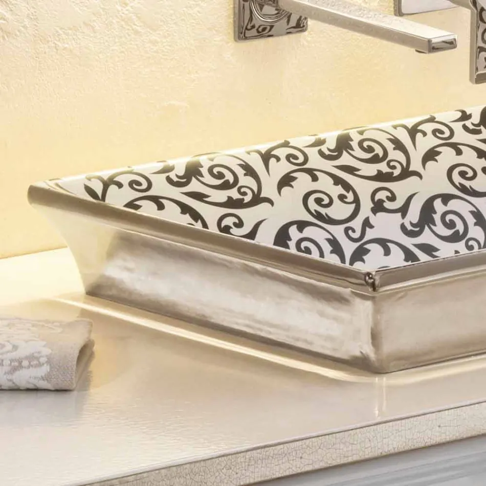 Semi-recessed bathroom sink decorated by hand in fire clay made Italy, Guido Viadurini