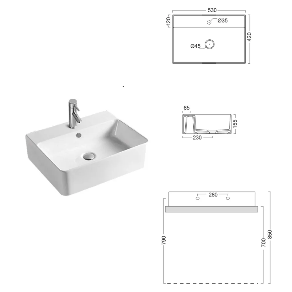 Countertop Ceramic Sink with Modern Design Tap Hole - Papavero Viadurini