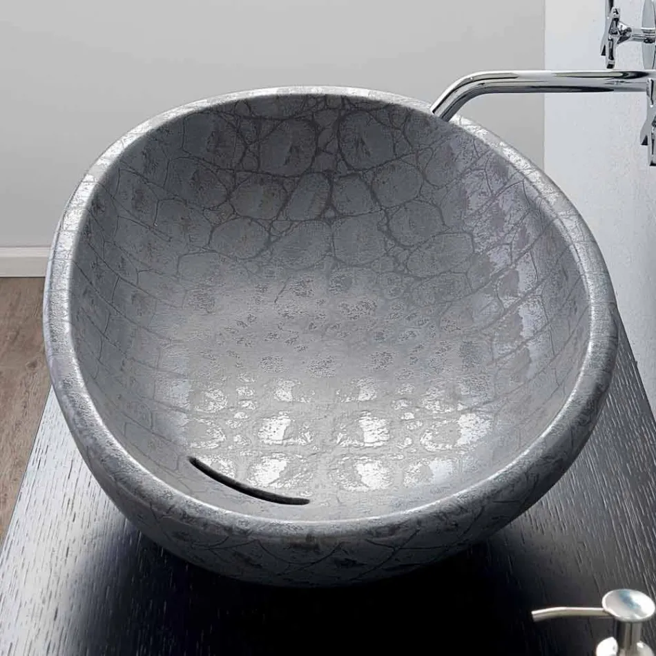 Countertop washbasin in gray coconut printed ceramic made in Italy Glossy Viadurini