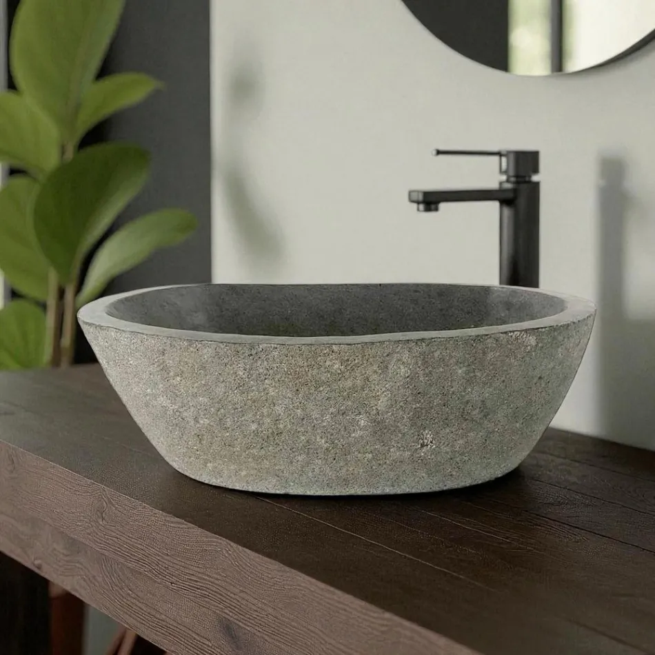 Countertop washbasin in Akta river stone, unique piece Viadurini