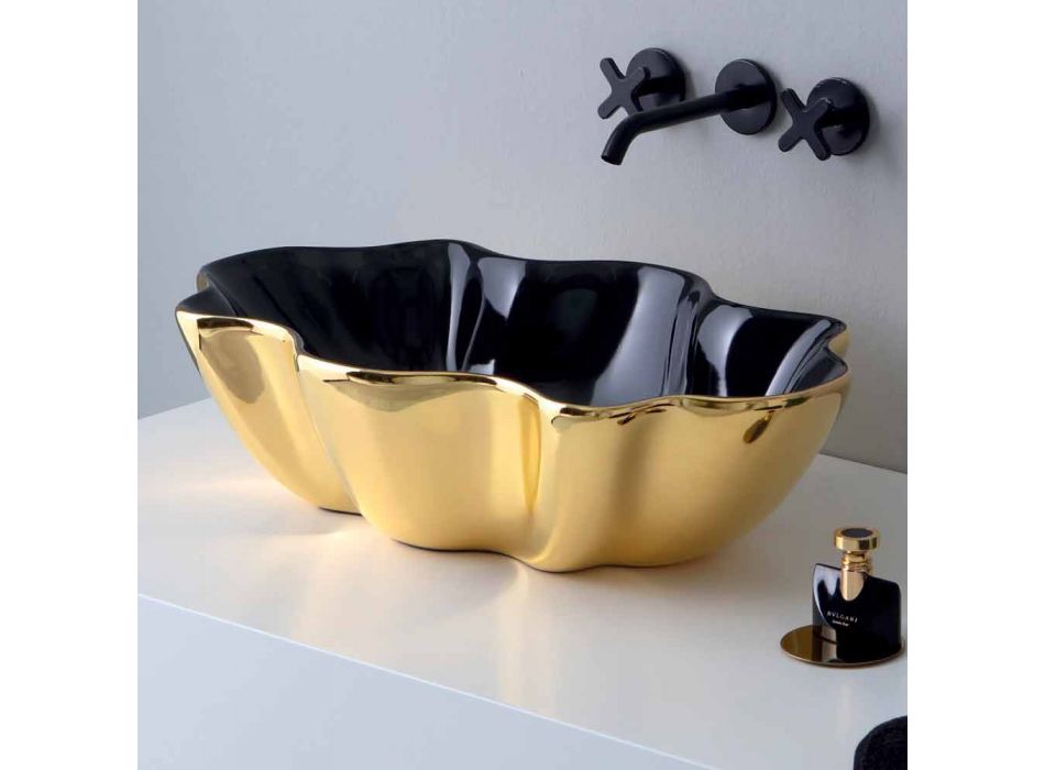 Modern countertop washbasin in gold and black ceramic made in Italy Cube Viadurini