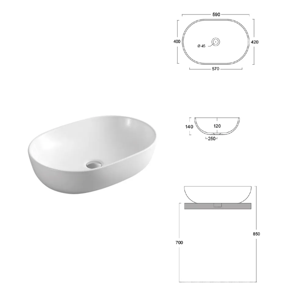 Oval Countertop Washbasin in White Ceramic with a Modern Design - Papavero Viadurini
