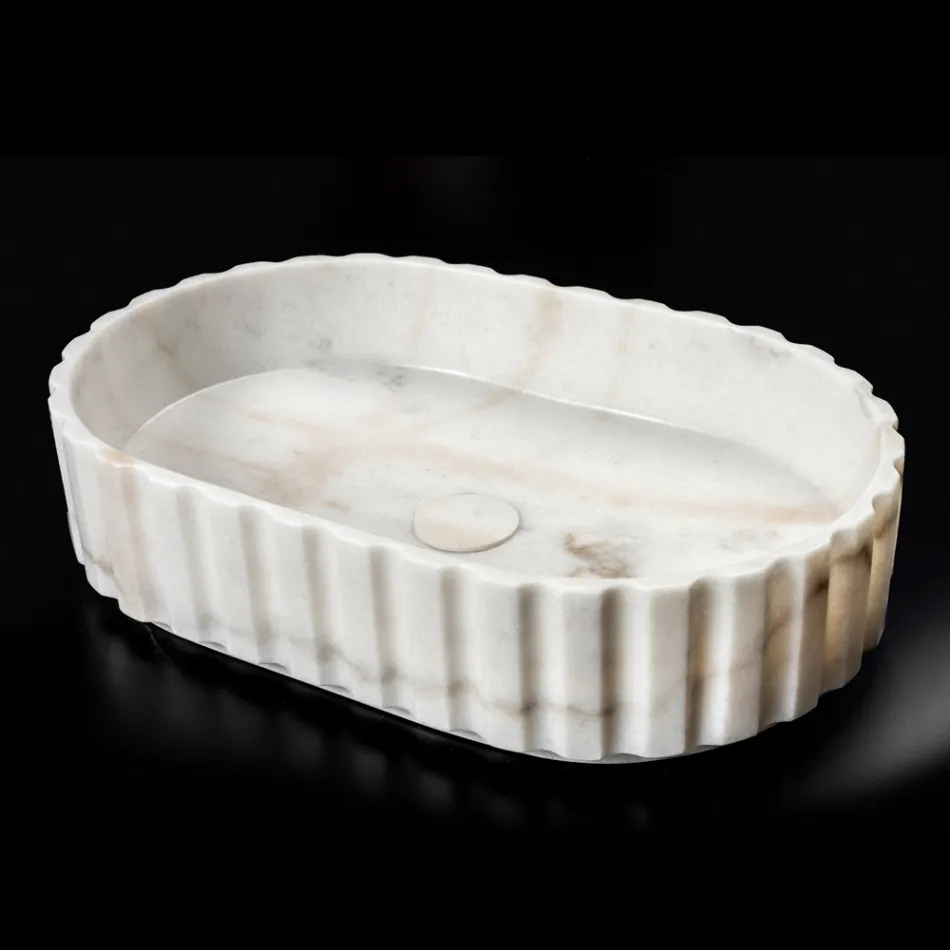 Oval Countertop Washbasin for the Bathroom Made of White Marble - Cunzite Viadurini