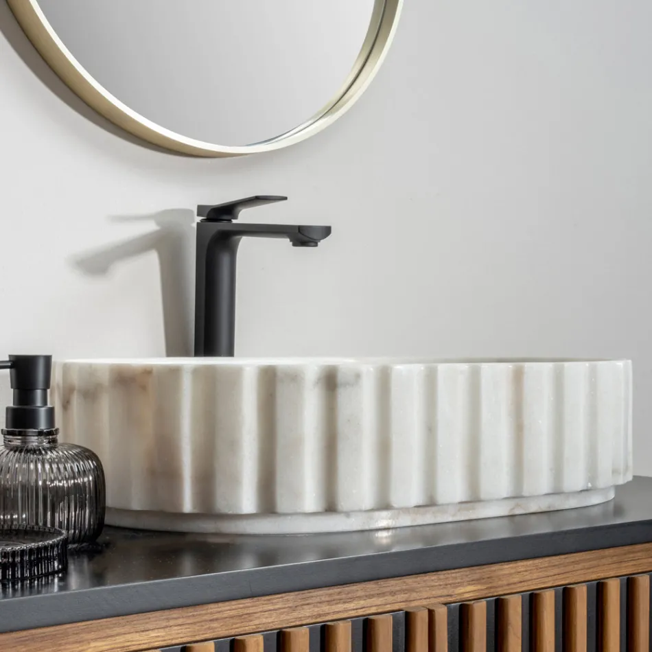 Oval Countertop Washbasin for the Bathroom Made of White Marble - Cunzite Viadurini