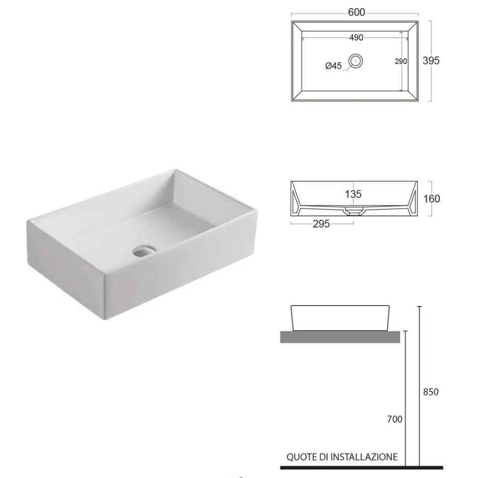Rectangular Ceramic Countertop Washbasin with a Modern Design - Papavero Viadurini