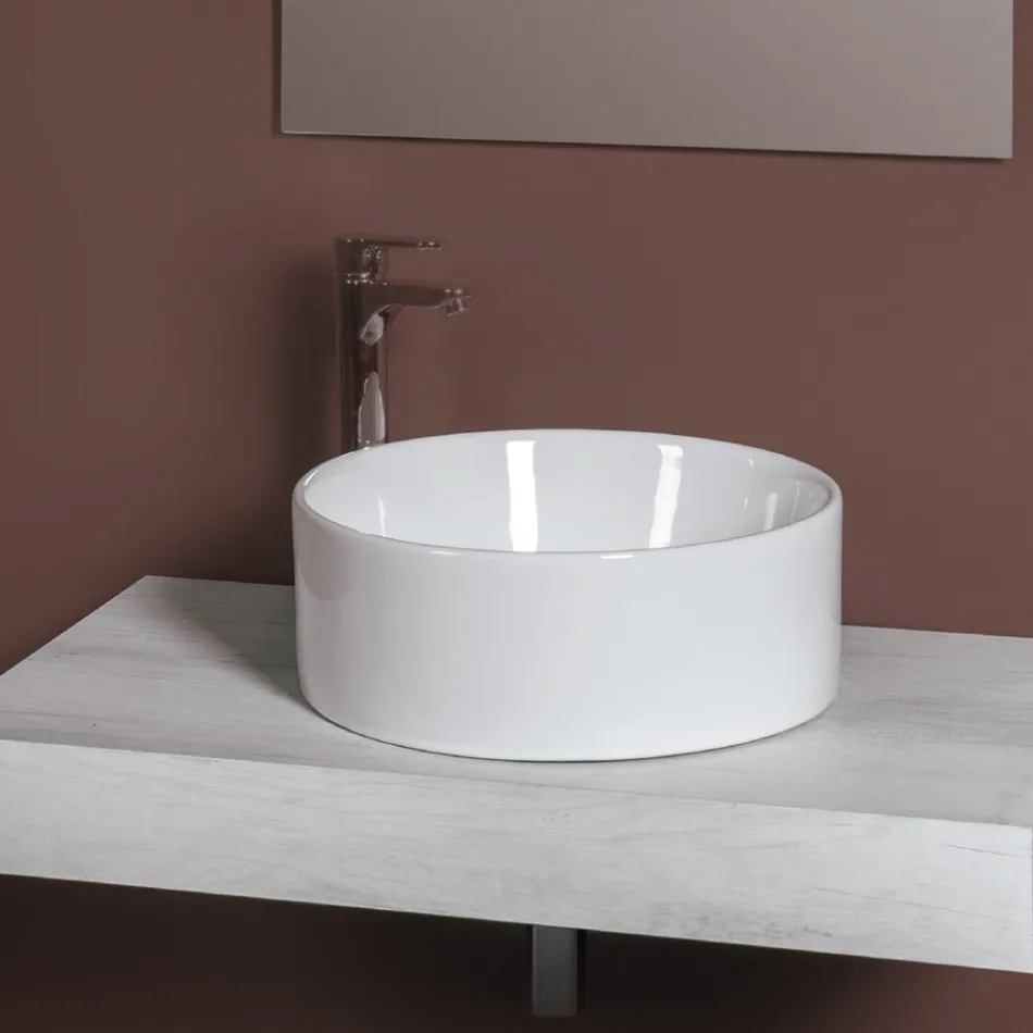 Round Countertop Washbasin in White Ceramic and Modern Design - Papavero Viadurini