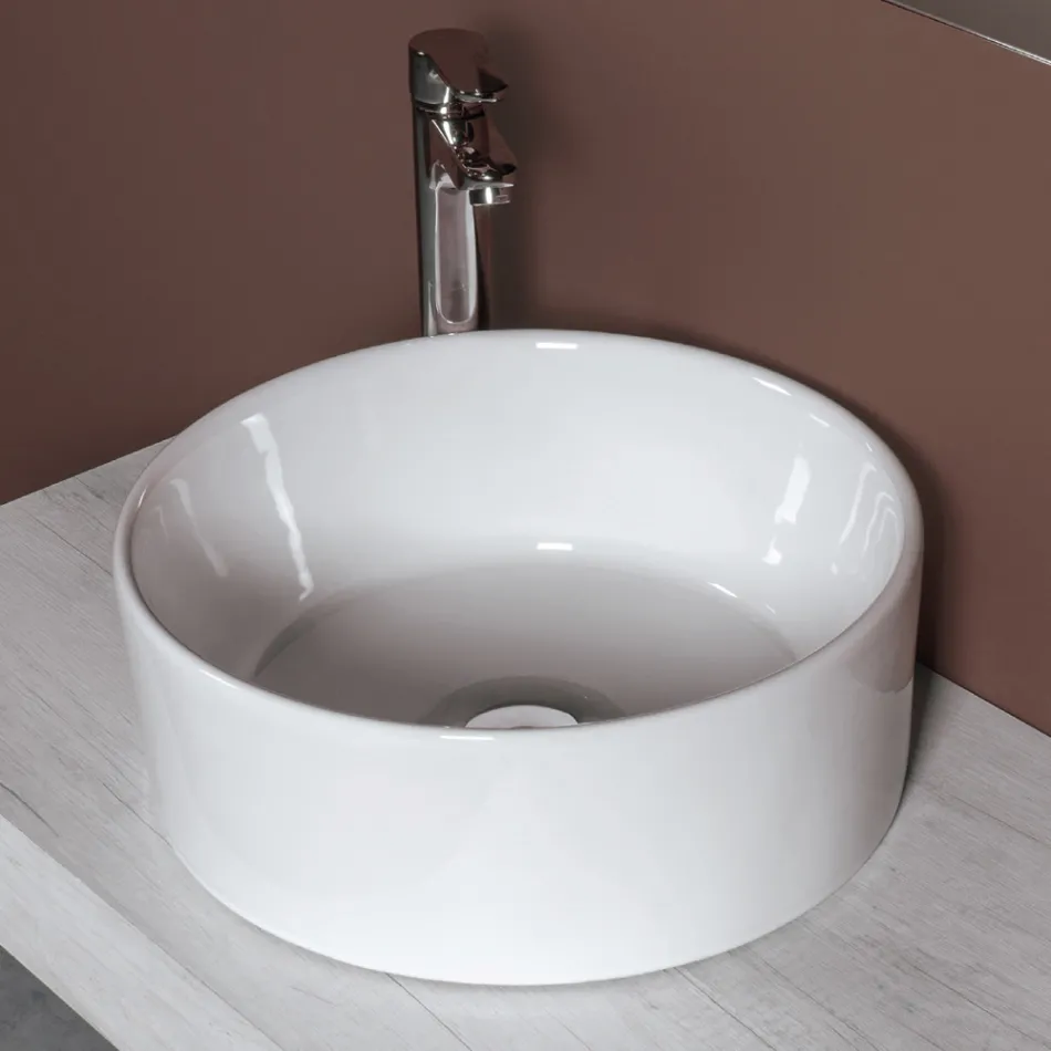 Round Countertop Washbasin in White Ceramic and Modern Design - Papavero Viadurini