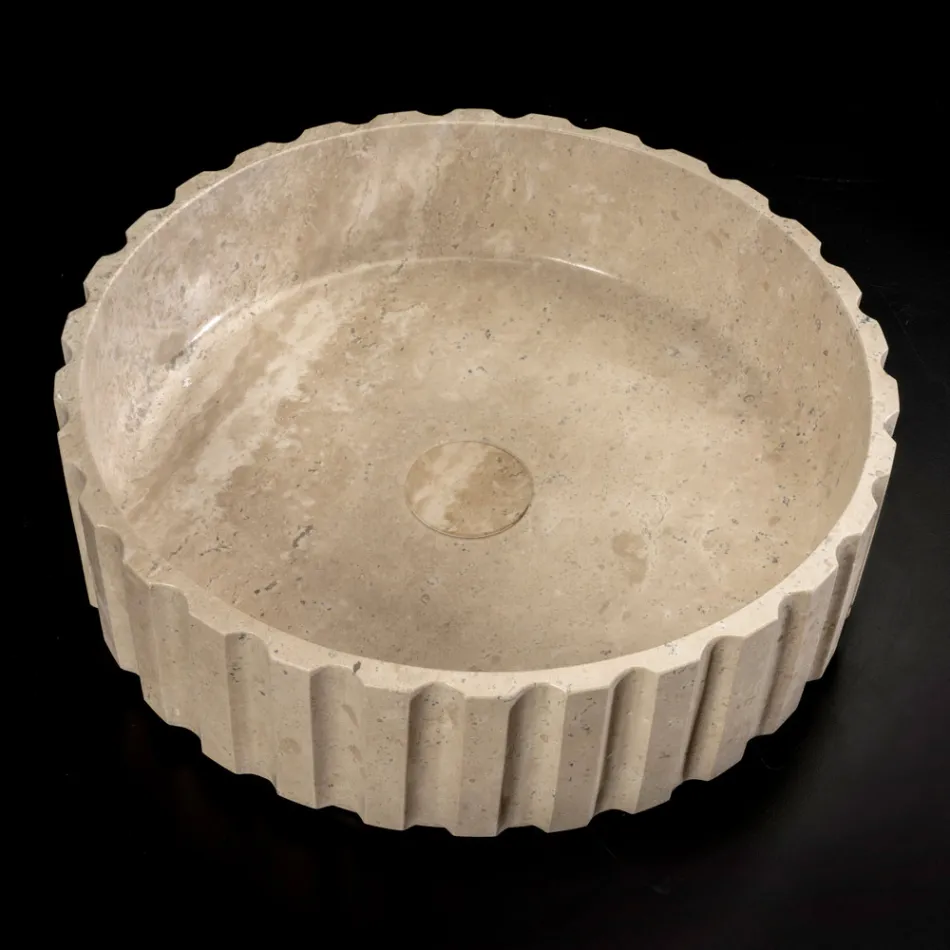 Round Countertop Washbasin Made of Travertine Marble - Cattleya Viadurini