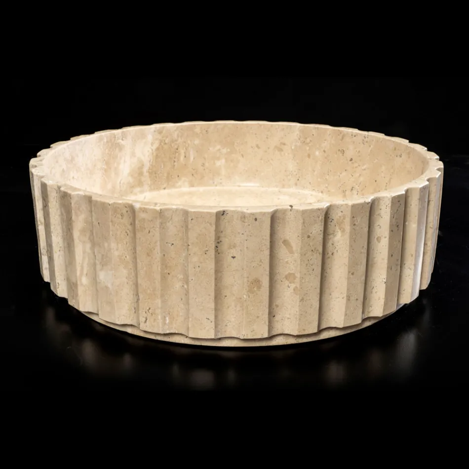 Round Countertop Washbasin Made of Travertine Marble - Cattleya Viadurini