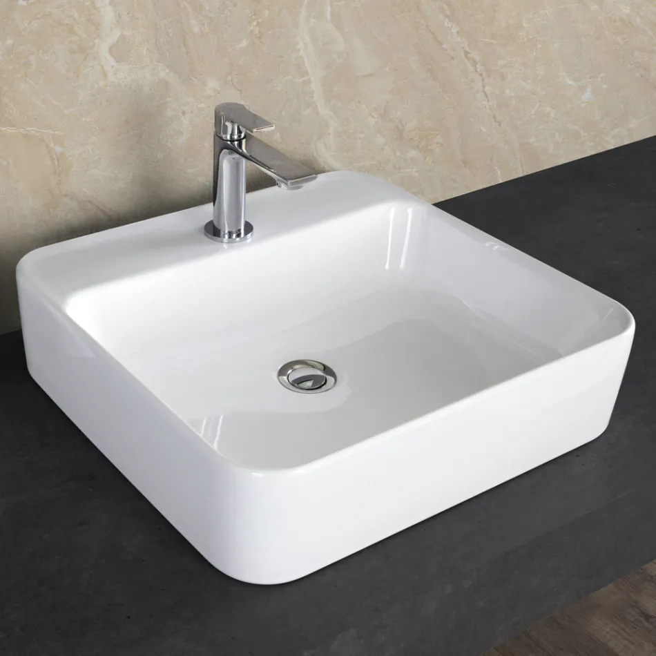 Aster Square Countertop Washbasin in White Ceramic with Tap Hole Viadurini