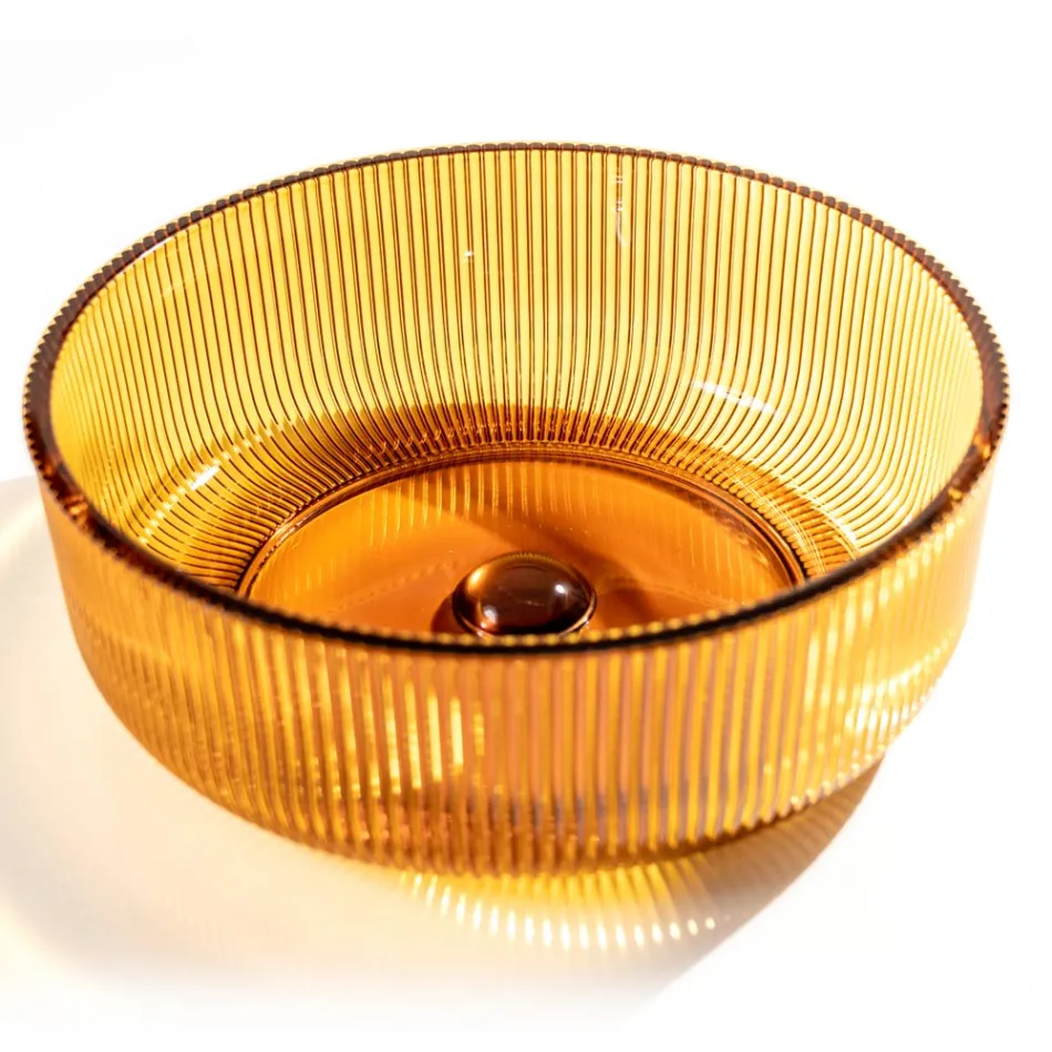 Round Countertop Washbasin in Plissè Venetian Glass Made in Italy - Zircon Viadurini