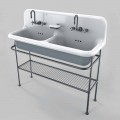 Vintage ceramic washbasin with two basins on structure, Calvin 