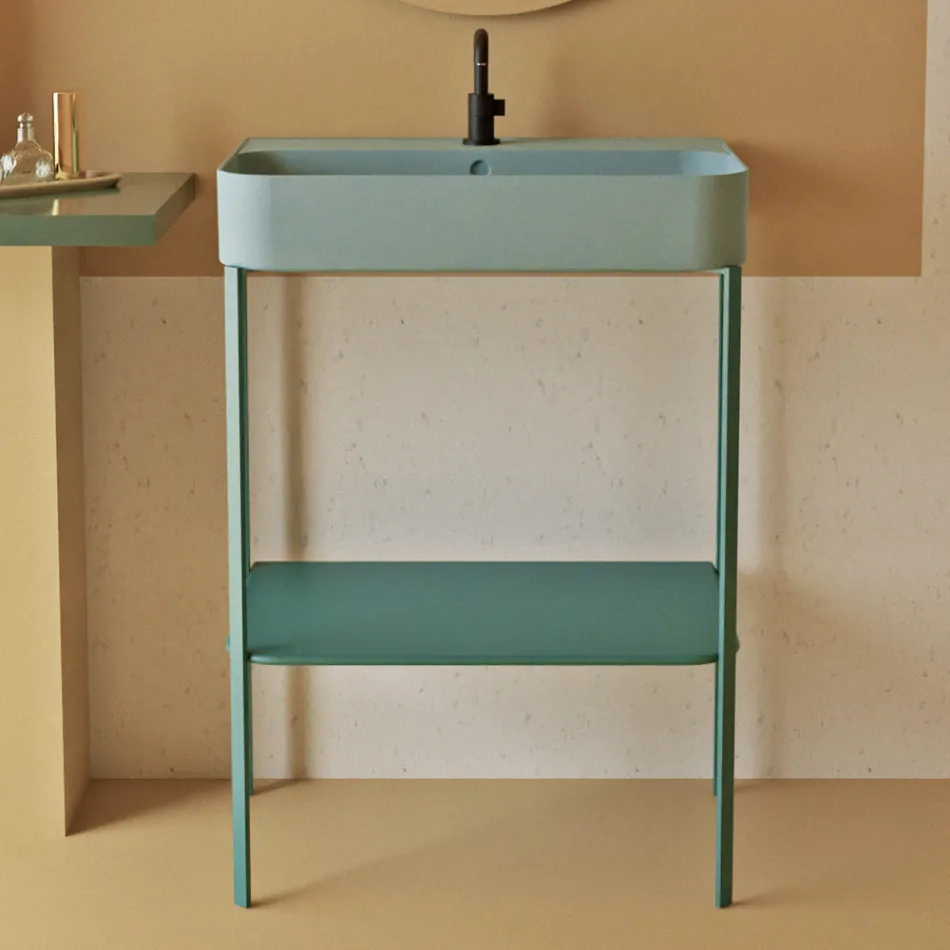 Ceramic Washbasin with Floor Standing Structure with Shelf Made in Italy - Graffa Viadurini