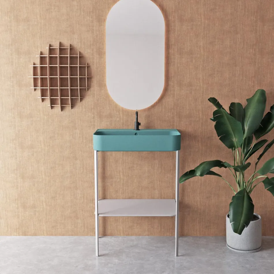Ceramic Washbasin with Floor Standing Structure with Shelf Made in Italy - Graffa Viadurini