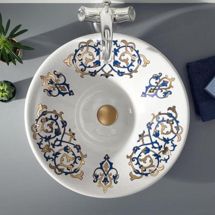 Semi-recessed washbasin with Cobalt Blue and Gold or Gold decorations Made in Italy - Capatosta Viadurini