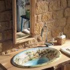 Semi-recessed washbasin in Fire Clay with Landscape by Deruta Made in Italy - Principe Viadurini