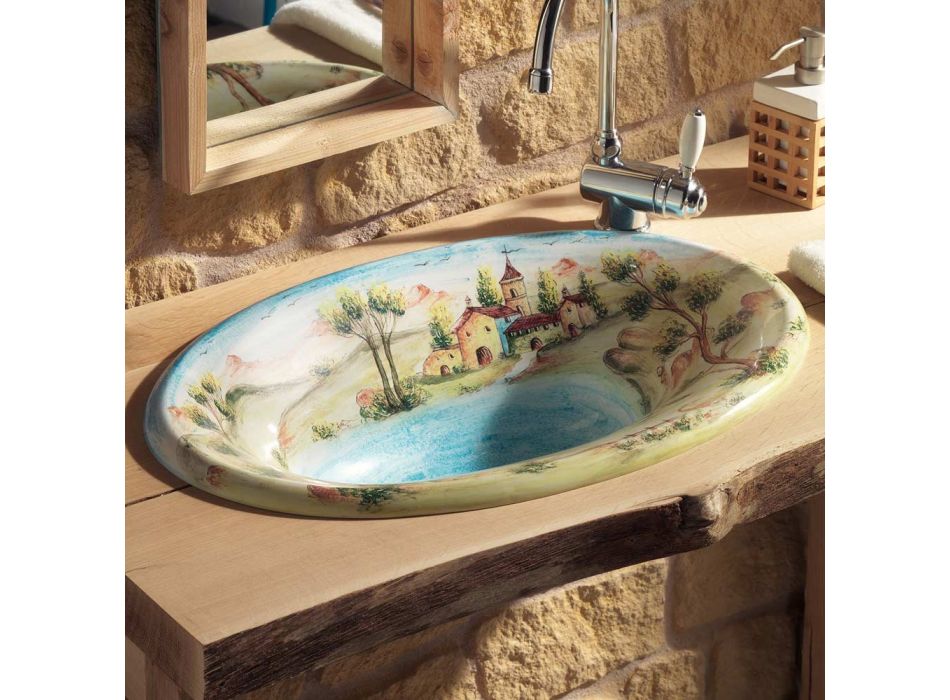 Semi-recessed washbasin in Fire Clay with Landscape of Deruta Made in Italy - Principe Viadurini