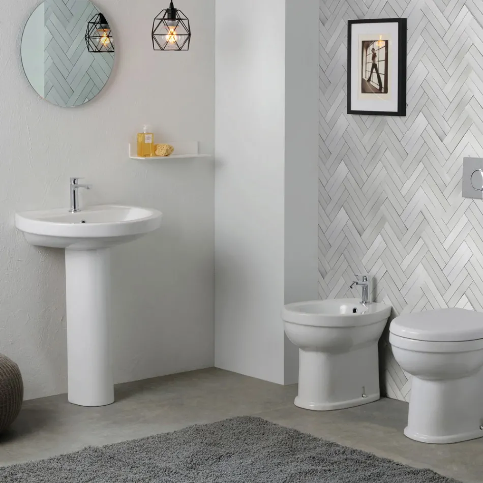 White Ceramic Pedestal Sink with an Elegant Modern Design - Silica Viadurini