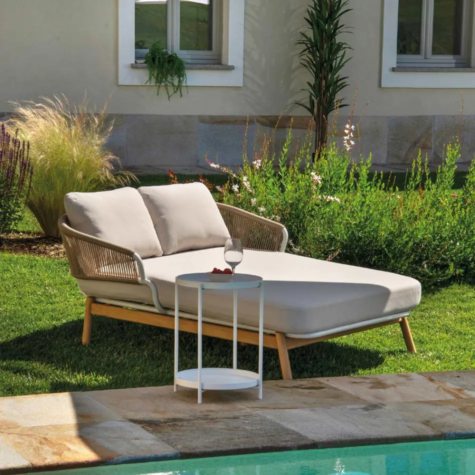 Outdoor Lounger with Teak Frame, Ropes and Cushions - Tent Viadurini