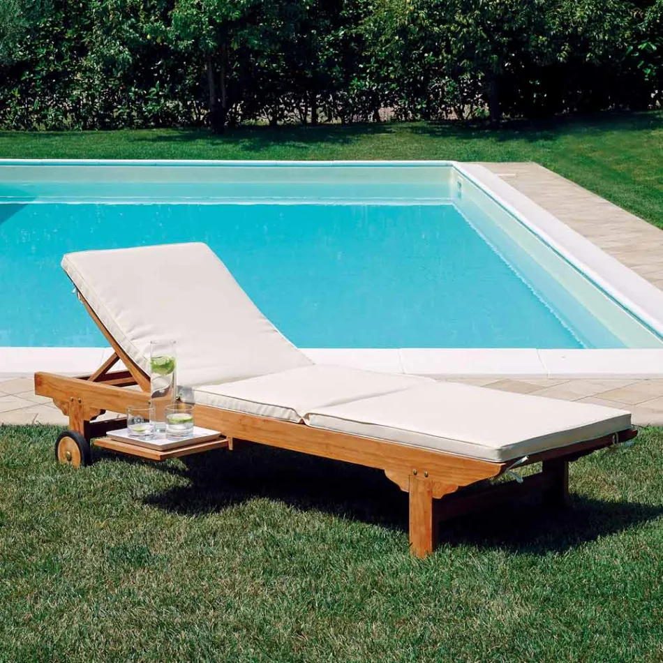 Teak Garden Lounger with Removable Table and Wheels - Oasi Viadurini
