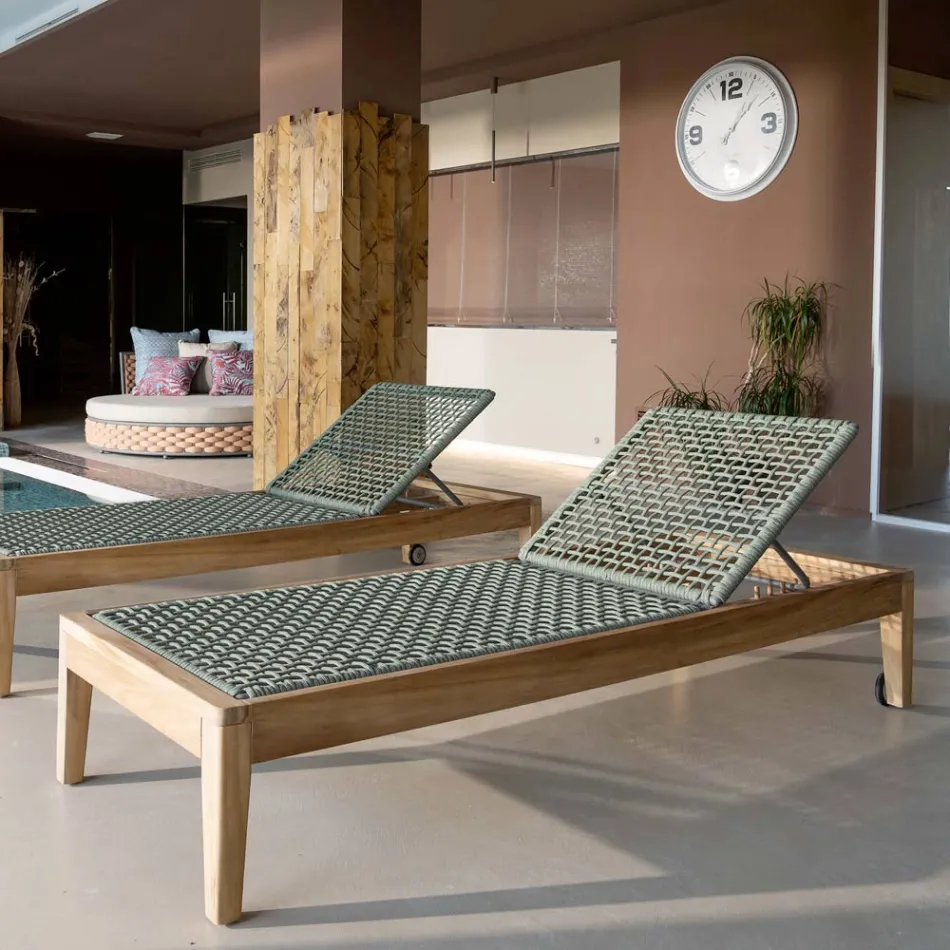 Teak and Rope Weave Garden Lounger - Jhon Viadurini