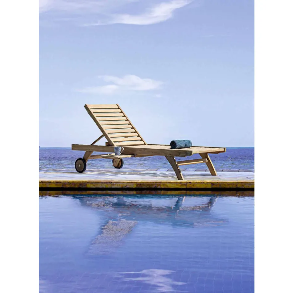 Modern Reclining Garden Lounger with Wheels in Teak Wood - Canary Viadurini