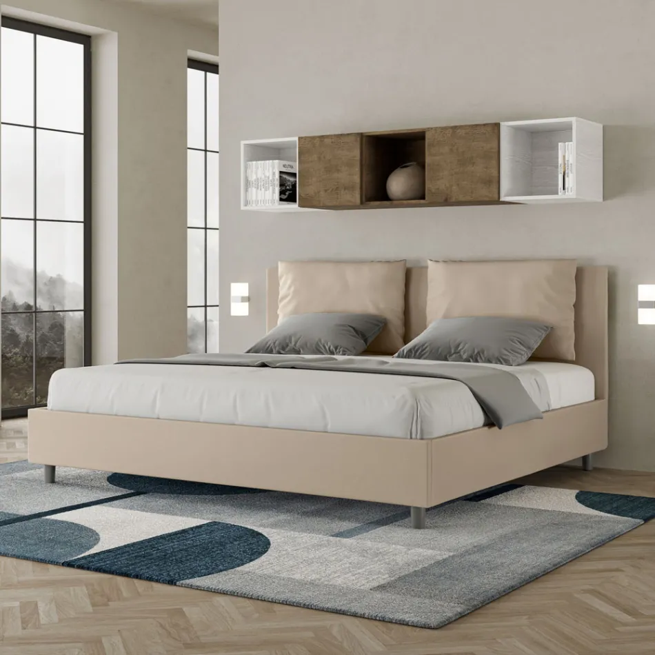 200x200 cm Bed with Headboard and Faux Leather Cushions Made in Italy - Olimpiadi Viadurini
