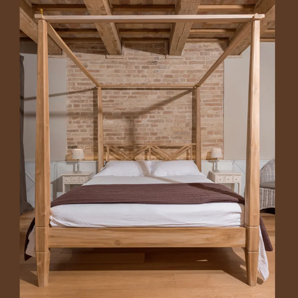 160x200 Double Bed with Canopy in Solid Teak Wood - Watercolor Viadurini