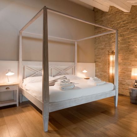 160x200 Double Bed with Canopy in Solid Teak Wood - Watercolor Viadurini