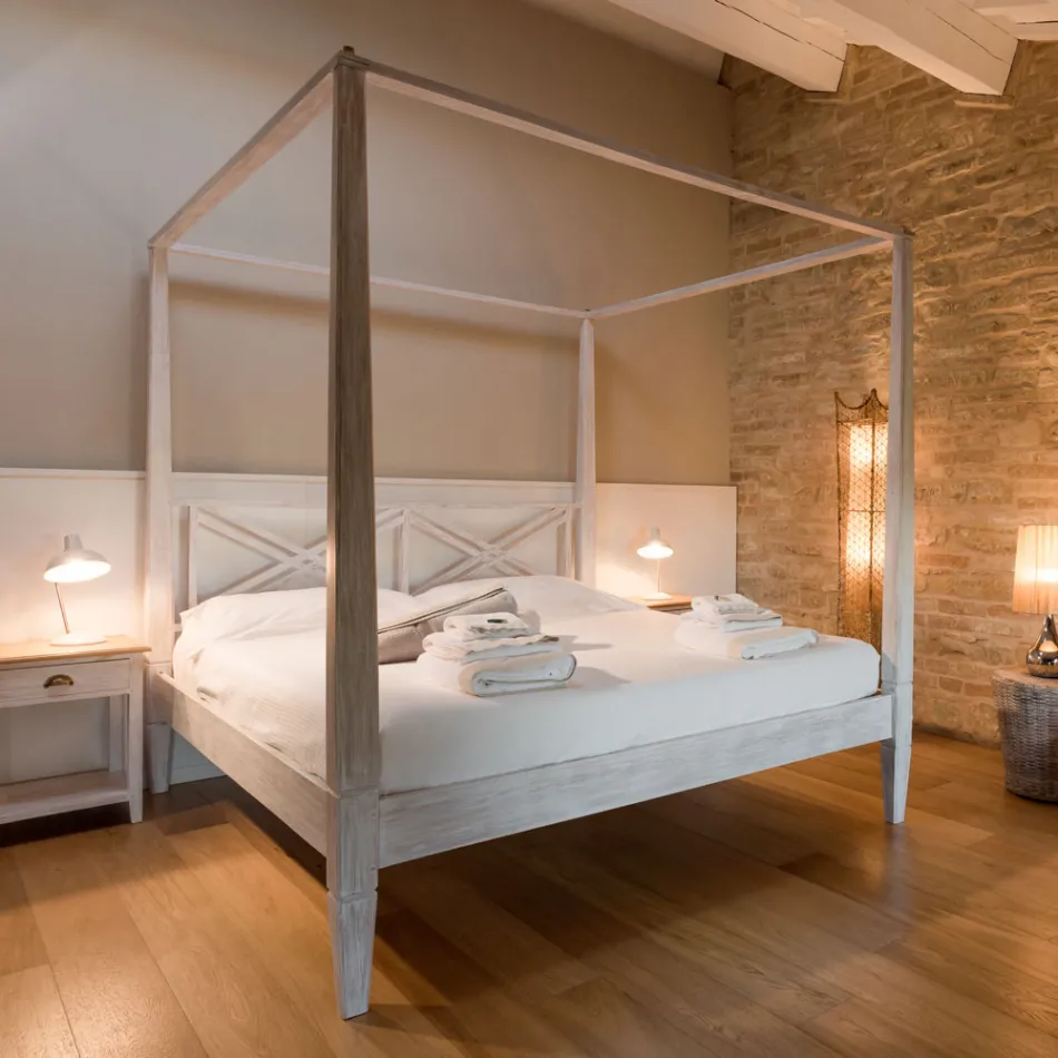 160x200 Double Bed with Canopy in Solid Teak Wood - Watercolor Viadurini