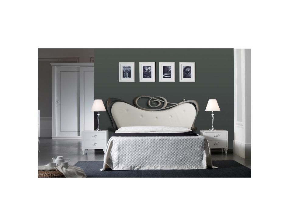 Double Bed in Iron and Real Leather, 2 Bedside Tables and Mattress - Reasons Viadurini