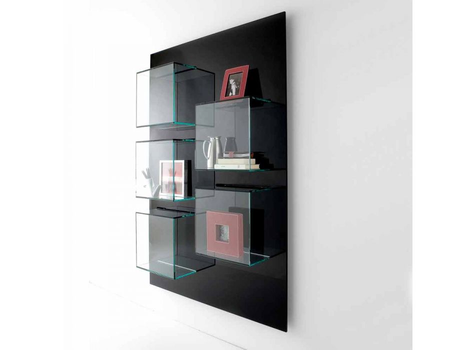 Wall Bookcase Black Wood Panel and Glass Shelves 2 Sizes - Basil Viadurini