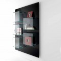 Wall Bookcase in Black Wood with Glass Shelves Made in Italy - Basilico
