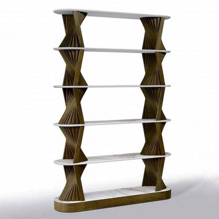 Design Floor Bookshelf in Wood with Stoneware Tops Made in Italy - Aspide Viadurini