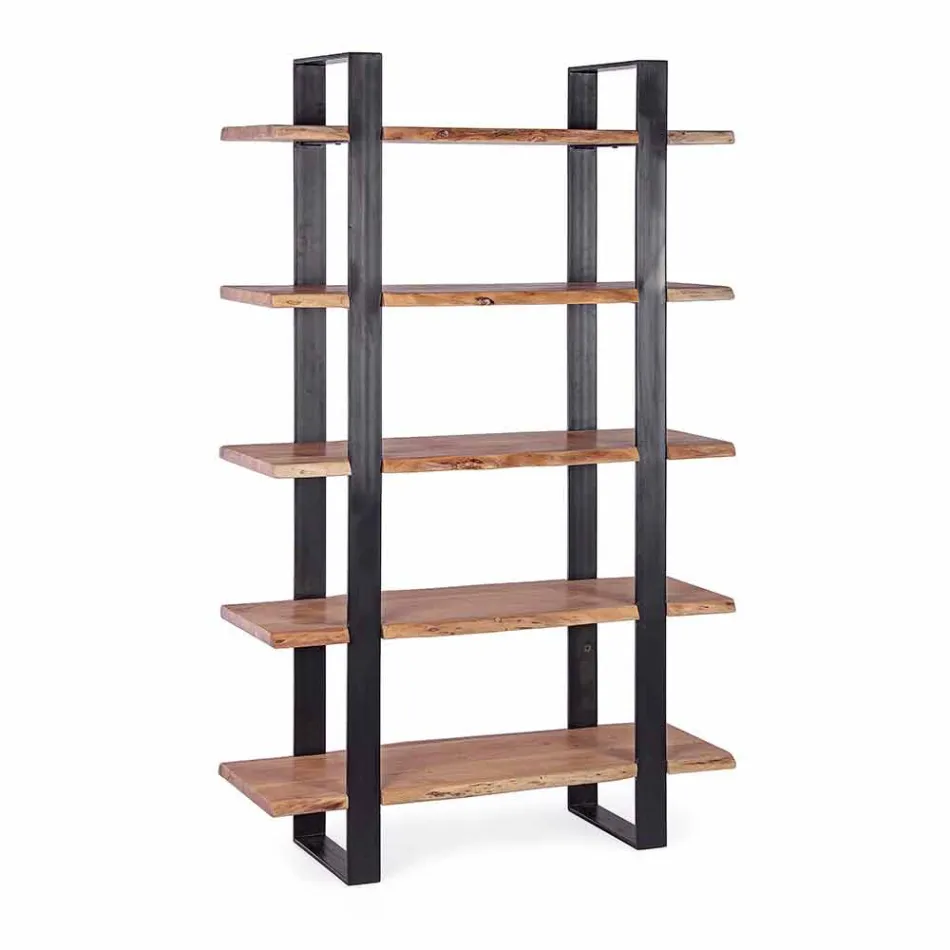 Homemotion Modern Steel Floor Bookcase with Wooden Shelves - Lanza Viadurini