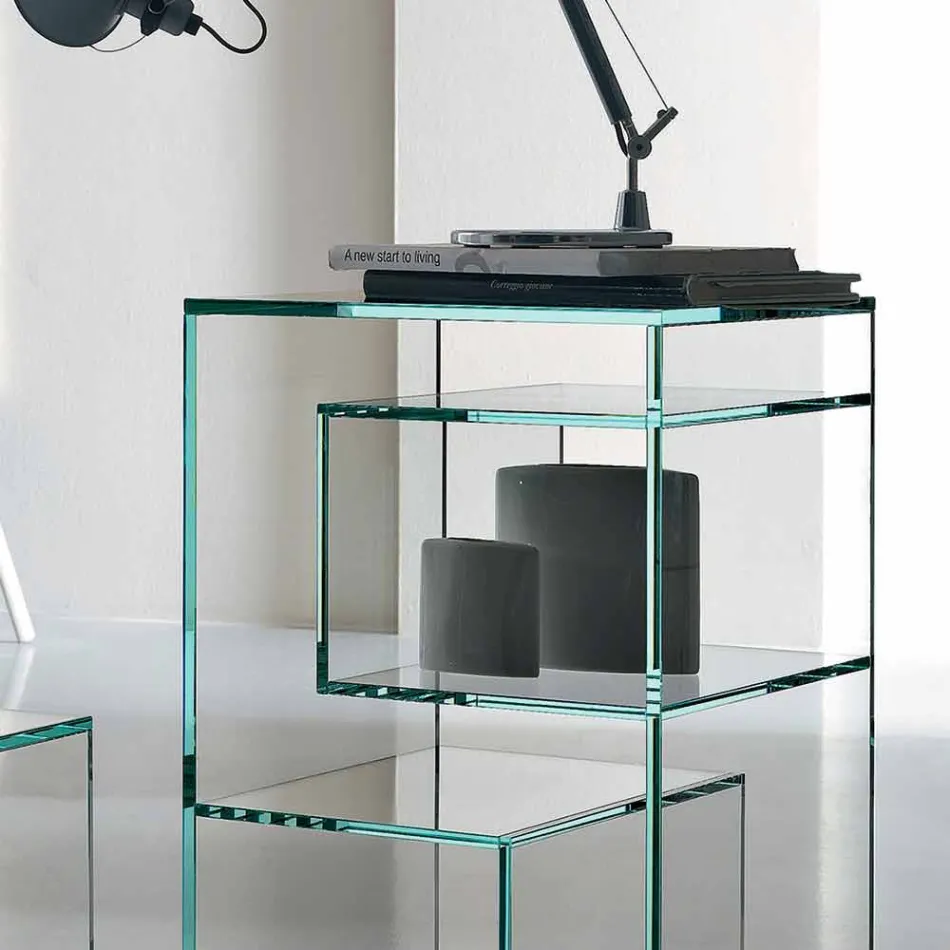 Freestanding Low Living Room Display Bookcase in Extra-clear Glass - Linzy Viadurini
