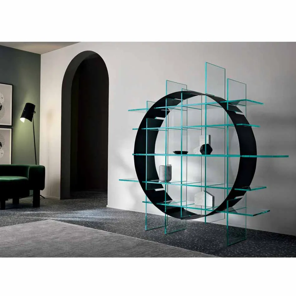 Freestanding Circle Bookcase in Extraclear Glass and Brushed Black - Marco Viadurini